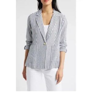 CASLON Linen Blend Blazer - Navy and White Brianne Stripe - new without tags